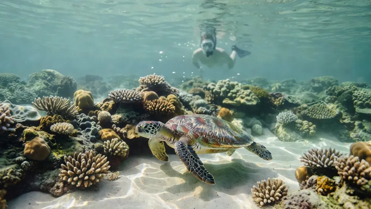 A green sea turtle gliding over the reef beside a snorkeler in clear water on an Okinawa snorkeling tour